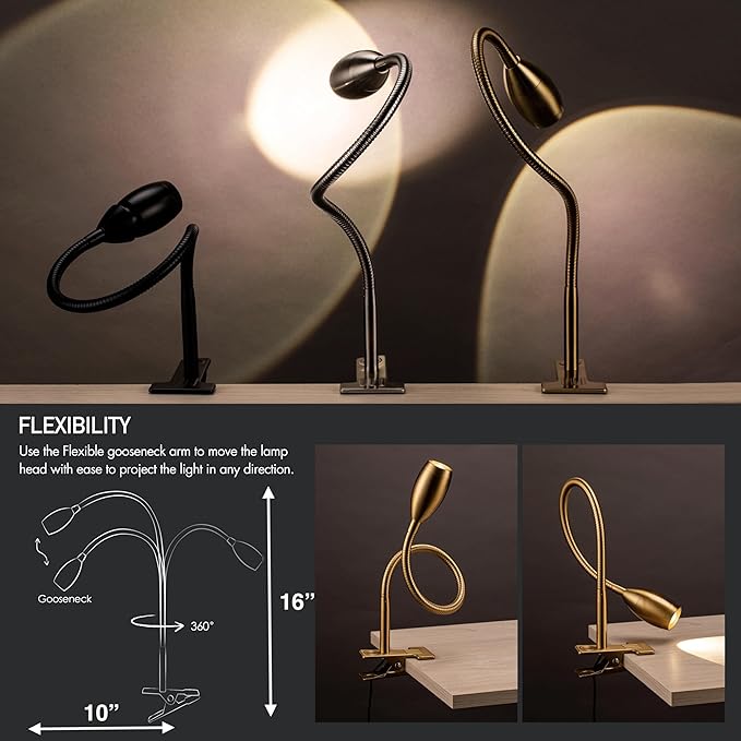 O'Bright Lumos - Versatile Clip-on Lamp: Zoomable Spotlight, Dimmable LED, Flexible Gooseneck, 4000K Light, 100% Metal Clamp - Ideal for Reading, Crafting, Work, and Headboards, Antique Brass
