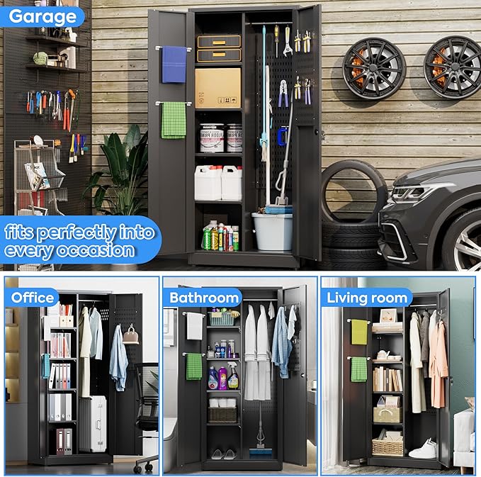 SUXXAN Broom Closet Storage Cabinet 71.4"x 31.5"x15.7", Metal Cleaning Cabinets with Hooks and Hanging Rods, Lockable Cabinet with Pegboard, Adjustable Shelf,for Garage, Laundry Room