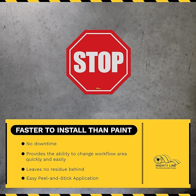 Mighty Line Stop Floor Sign Sticker for Safety, Warning, Heavy-Duty, Peel and Stick, Adhesive, Industrial Quality, 12"