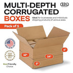 Multi-Depth Corrugated Shipping Boxes, 14"L x 12"W x 6"H, Pack of 5 - USA-Made Boxes for Moving, Storage & Small Business Packaging - Heavy-Duty Cardboard Bines for Household & Office by IDL Packaging