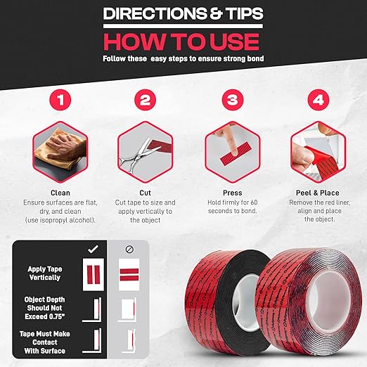 GripBond Clear Double Sided Tape, 1 Roll (10 Ft), 1.2”x120” – Clear Mounting Tape for Hanging Picture, Poster, Carpet, Photo Decorations - Nano Adhesive for Home, Office, Indoor & Outdoor Use