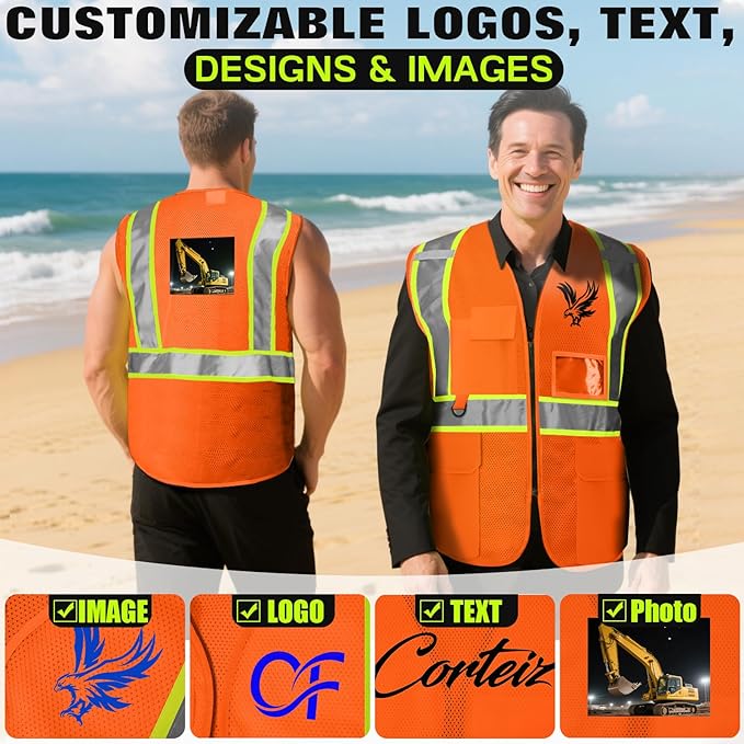 Safety Vest Customize Logo with 5 Pockets & Zipper Reflective High Visibility Vest Class 2 Outdoor Workwear