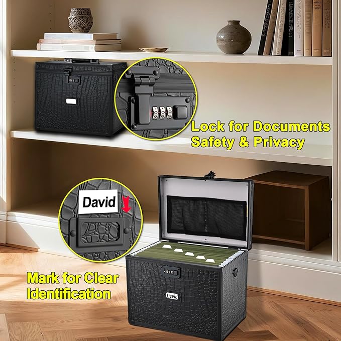 File Storage Cabinet File Organizer Document Organizer File Box in Office and Home with Combination Lock with 20 Letter Size Hanging Files (Aligator Black)