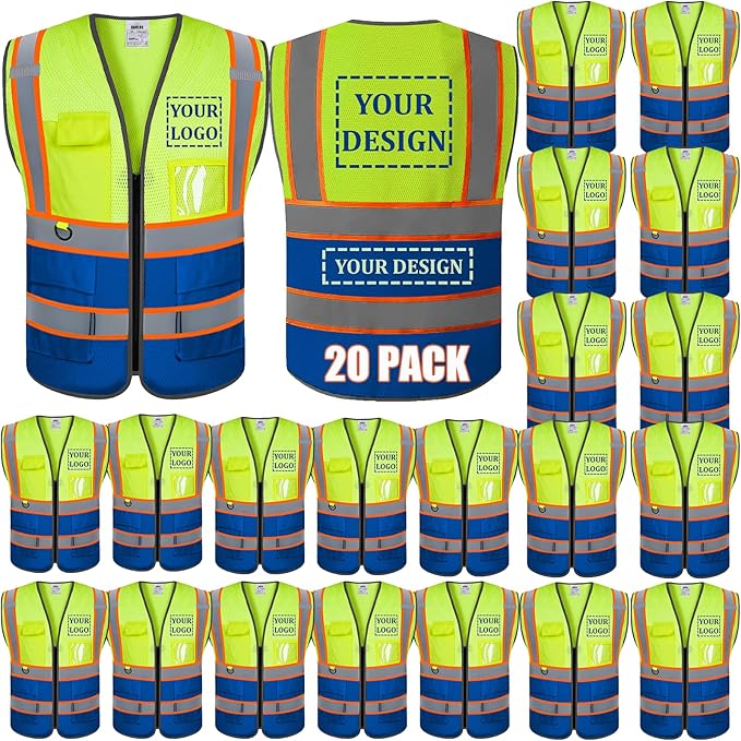 BeautyWill Custom Logo 10/20 Pack Safety Vest Class2 High Visibility Vest with Pockets Breathable Construction Vest Bulk