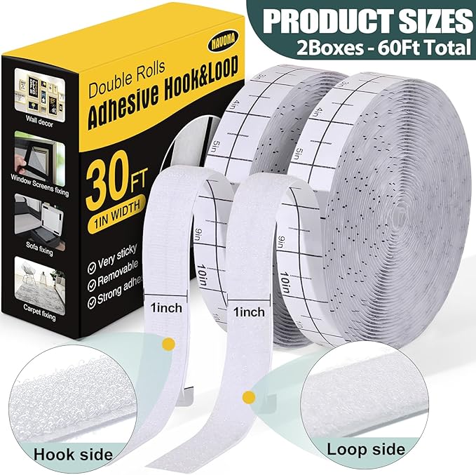 Navona 2 Boxes Heavy Duty Hook and Loop Strips with Adhesive, 60Ft Total x 1 Inch Hook and Loop Tape with Backing for Home, Office, School, and Crafting Projects, White