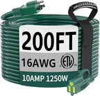 HUANCHAIN Indoor Outdoor Green Extension Cord 200 ft Waterproof, 16/3 Gauge Flexible Cold-Resistant Appliance Extension Cord Outside, 10A 1250W 16AWG SJTW, 3 Prong Electric Cable, ETL