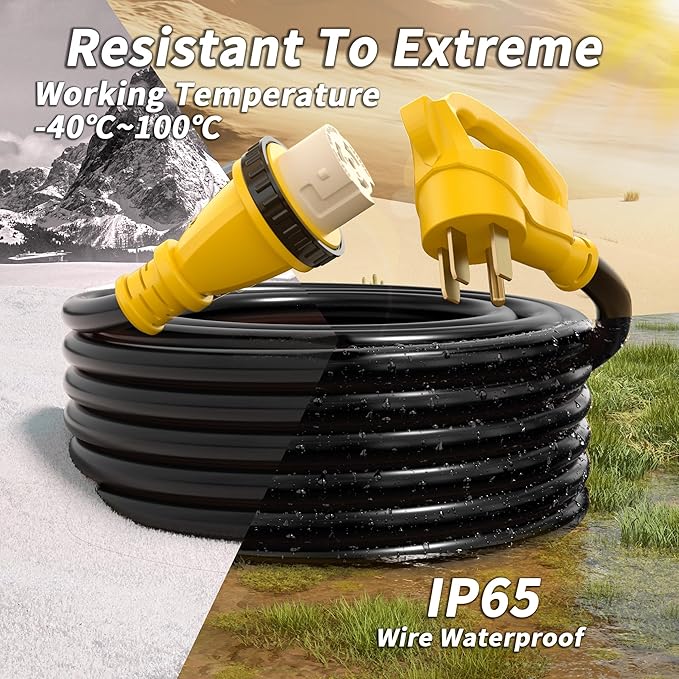 50 Amp Generator Cord, 50FT 50 Amp RV Extension Cord with Twist Lock, Generator Cable 50A 4 Prong Yellow, NEMA 14-50P/SS2-50R Heavy Duty STW Wire for RV Camper & House