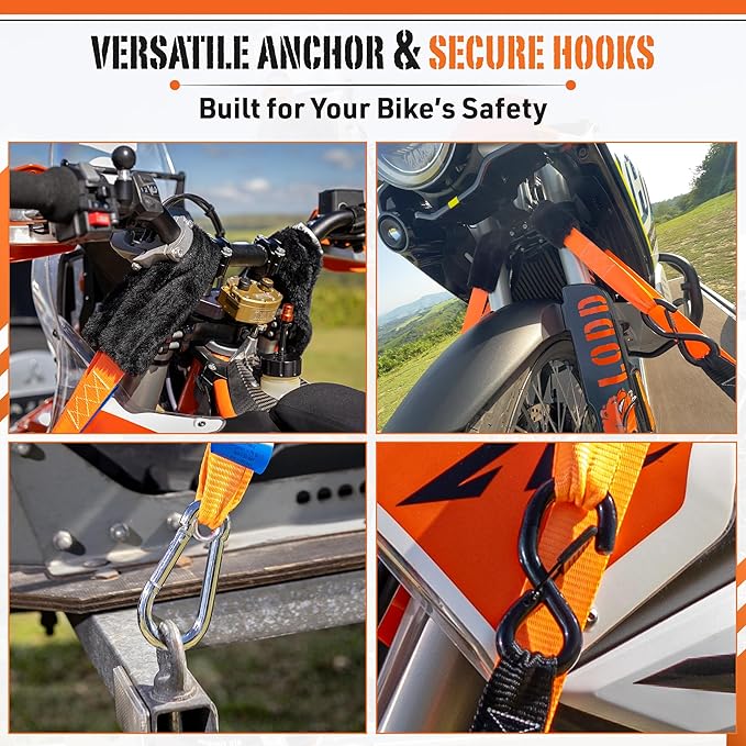 LODD – Motorcycle Tie Down Straps with Ratchets and Soft Sheepskin Loops – 1.5” Wide – 3,300 lbs Strength – Heavy-Duty Steel Hooks – for Motorcycles, Dirt Bikes, ATVs – Carrying Case Included