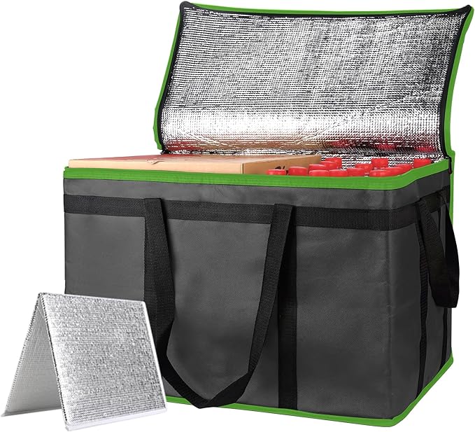 mosago Insulated Food Delivery Bag - Reusable Thermal Cooler Grocery Bags for Catering & Delivery, Pizza Carrier for Events, Large Capacity Bag Keeps Food Hot/Cold (Black with Green Trim, with Base)