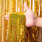 3 Pack 3.3 x 8.2 ft Laser Gold Foil Fringe Backdrop Curtains, Tinsel Streamers Birthday Party Decorations, Fringe Backdrop for Graduation, Baby Shower, Gender Reveal, Disco Party