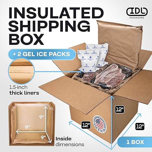 Insulated Thermal Shipping Box 12"x12"x12" with 2 Gel Ice Packs, Pack of 1 - USA-Made Cold Food Shipping Box with Absorb Condensation Thermal-Paper Liner - Frozen Food Shipping Kit by IDL Packaging