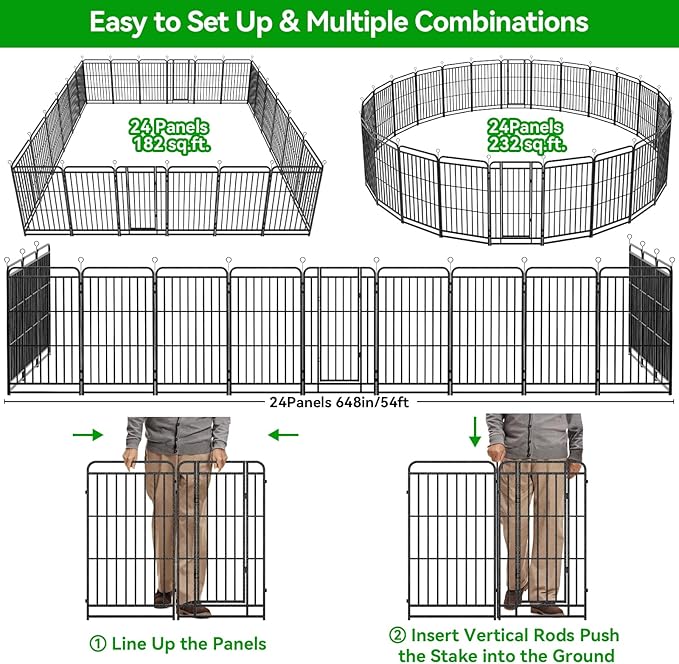 Heavy Duty Dog Playpen: 24 Steel Panels 40" Height, Square Steel Pipe with Reinforced Crossbars, 54FT 227 Sq.ft Portable Fence for Yard RV Camping, Snowy Black