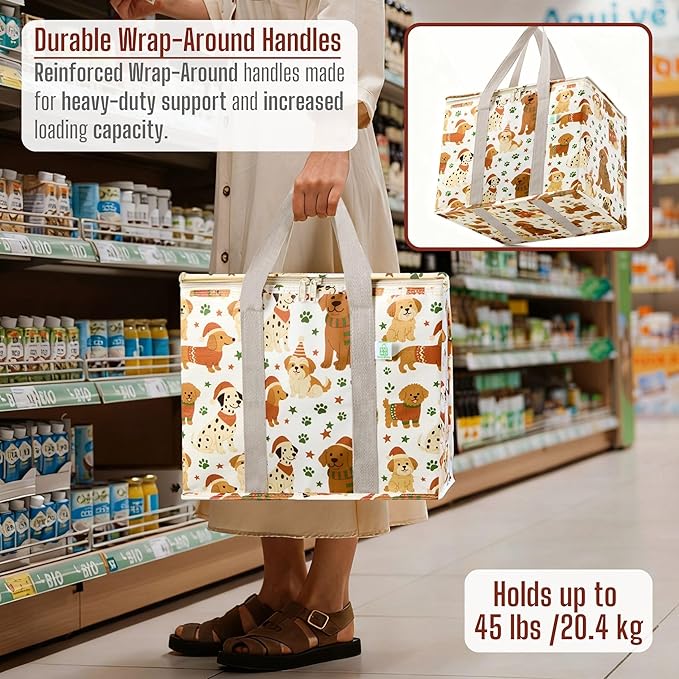 VENO 2 Pack Christmas Cooler Bag Insulated Reusable Grocery Shopping Bag, Food Delivery, Heavy Duty, Large Size, Durable Handles, Double Zippers, Lid, Collapsible (Holiday Pups, 2 Pack)