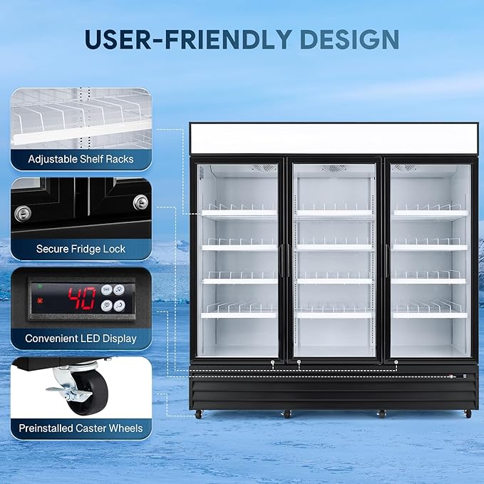 Wilprep Commercial Refrigerator, 72.4 cu. ft. Upright Beverage Display Refrigerator with LED Lighting, 78.1" Swing Glass Door Merchandiser Fridge, ETL, ETL sanitation Listed