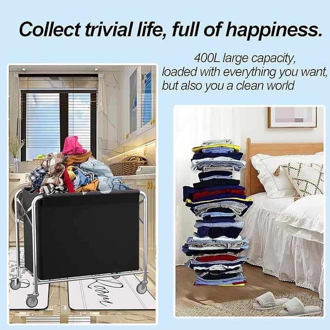 Commercial Laundry Cart with Wheels Heavy Duty Collapsible Laundry Baskets 12 Bushel (400l), Industrial Rolling Baskets Trucks with Steel Frame and Waterproof Oxford Cloth, 300 Lbs Weight Capacity