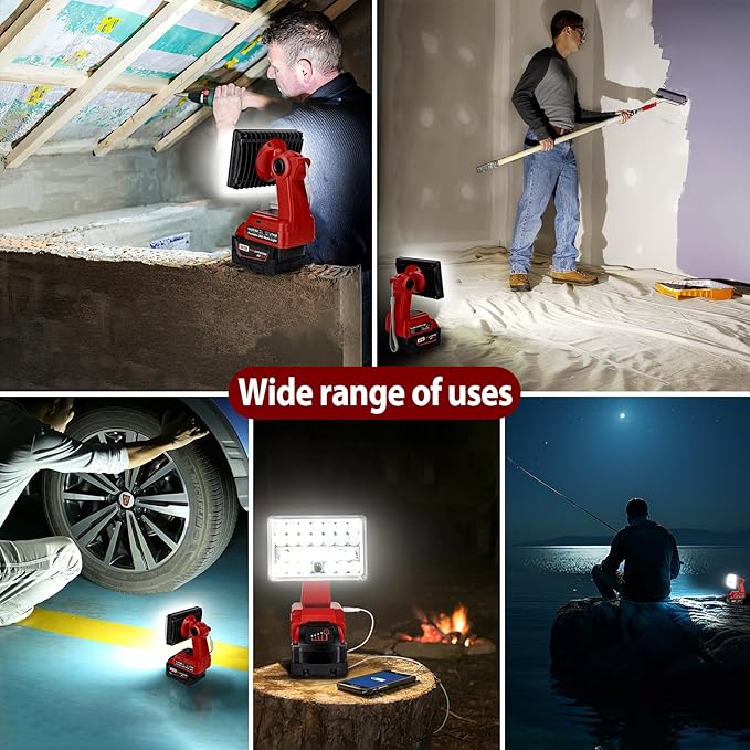 28W 2000LM Cordless LED Work Light for Milwaukee M18 18V Battery Portable Flood Lights for Outdoor Indoor Workshop Job Site, Floodlight & Spotlight Modes/Pivoting Head/USB Port(No Battery)