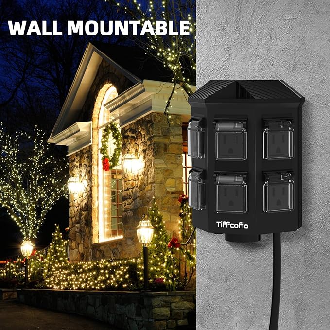 TiFFCOFiO Outdoor Power Strip with 25FT Extension Cord, Remote Control Dusk to Dawn Light Timer Waterproof, 6 Grounded Outlets for Halloween Inflatables and Decorations, ETL Listed