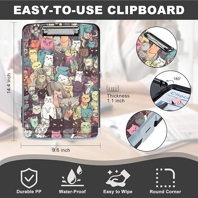 Clipboard with Storage,Storage Clipboard with Pen Holder,Heavy Duty Plastic Storage Clipboard with Low Profile Clip, Clipboard Folder, Teacher Must Haves, Office Supplies,Colorful Cats