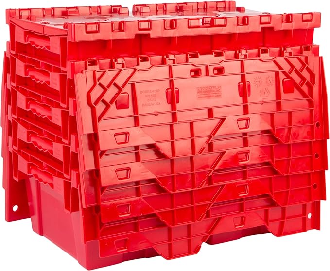 Hudson Exchange 19.6 x 11.6 x 7.3” (3.7 Gallon, 5 Pack) Storage Tote Distribution Container with Hinged Attached Lid, Red