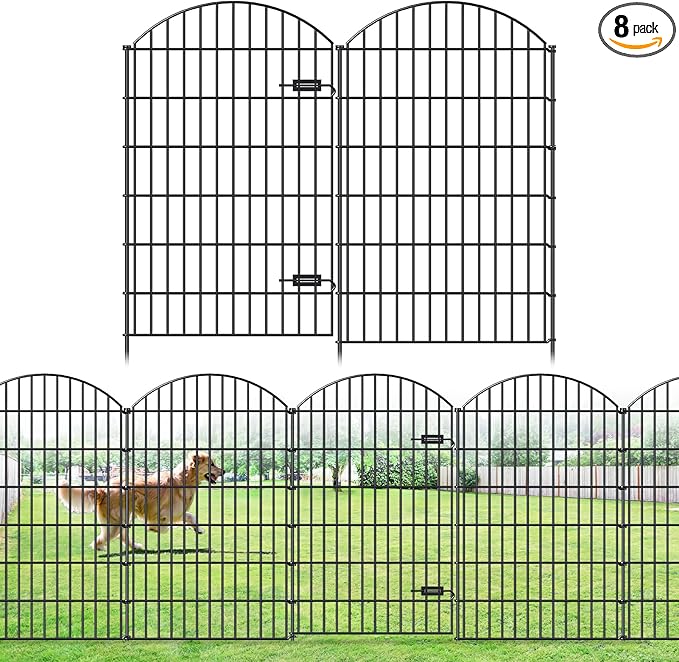 Metal Garden Fence with Gate 48in (H) x 20.3ft (L), 1 Gate+ 7 Panels Dog Fences Border Fence Animal Barrier, No Dig Garden Fencing for Yard Flower Bed Lawn Patio Outdoor, ECG4808G, Black