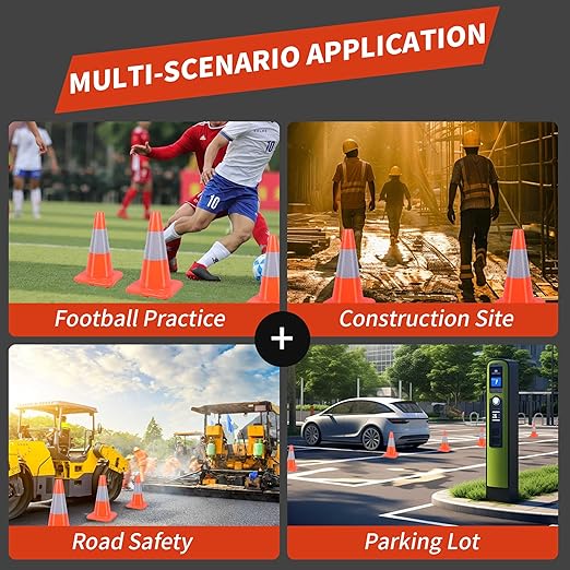 4 Pack 18" Traffic Safety Cones with Reflective Collars, Orange Construction Cone, Restorable Parking Cones, Heavy Duty Road Cones for Parking Lot, Traffic Control, Driveway Road Parking