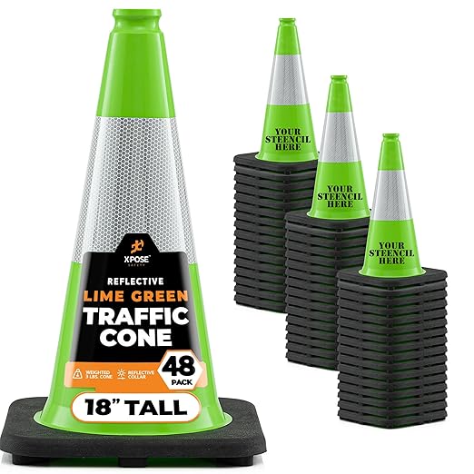 Xpose Safety 18” Lime Green Traffic Cone - 6" Reflective Collar – 48 Pack Multipurpose Premium PVC Safety Cone for Parking, Caution, Construction, Road Crews, Emergency Vehicle - DOT Approved