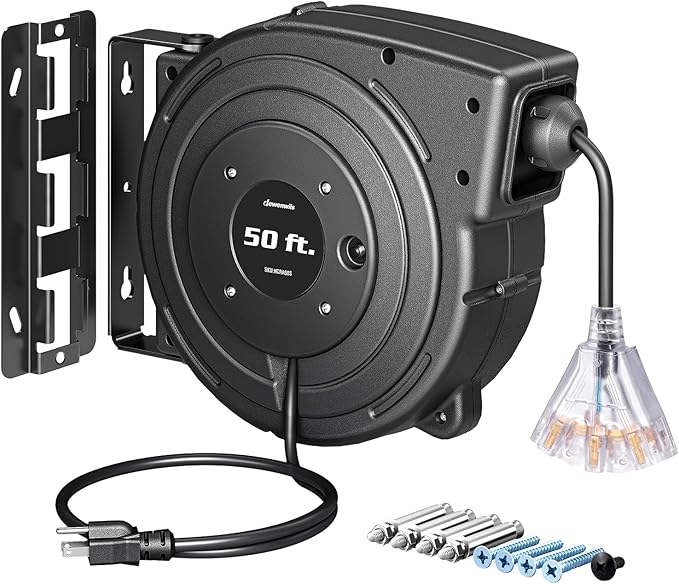 DEWENWILS Retractable Extension Cord Reel, 50FT Heavy Duty Power Cord, 14/3AWG SJTOW, Lighted Triple Tap Outlets, 13 Amp Circuit Breaker, Ceiling/Wall Mount, UL Listed