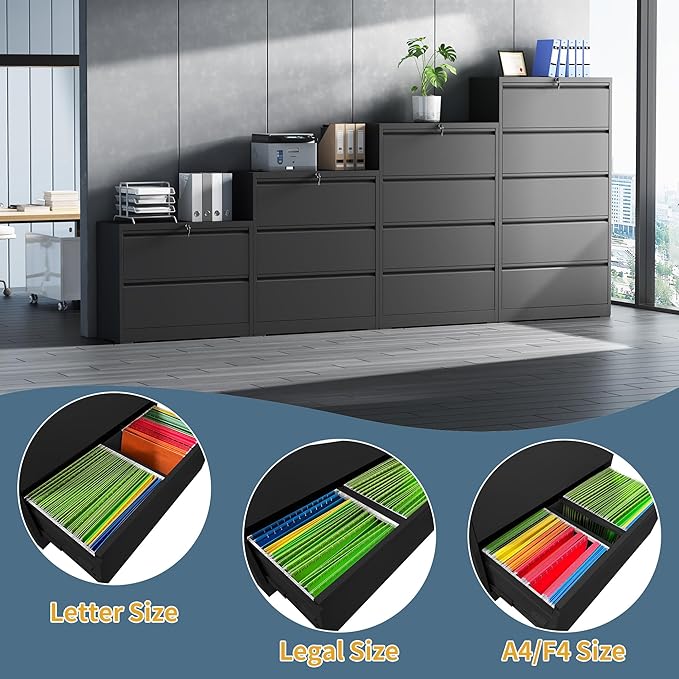 5 Drawer File Cabinet with Lock, Lateral Filing Cabinets,Metal Storage Filing Cabinets for Home Office, Heavy Duty File Cabinet for Letter/Legal/A4/F4 Size Amssebly Required, Black