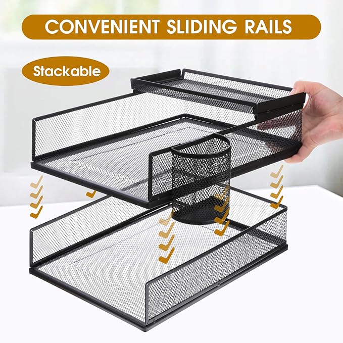 Black Metal Letter Tray Set, 3 Pcs Mesh Office Desk Drawer Organizer Tray with 1 Pcs Black Wire Mesh Pencil Cup Holder, Front Load File Paper Holder for Desk Office(Pack 4)