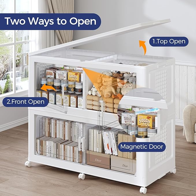 150GAL Storage Bins with Lid and Wheels, Stackable Closet Organizers and Storage Drawer, Collapsible Storages Box with Dividers, Foldable Plastic Cabinet for Room, Kitchen, 3 Pack White