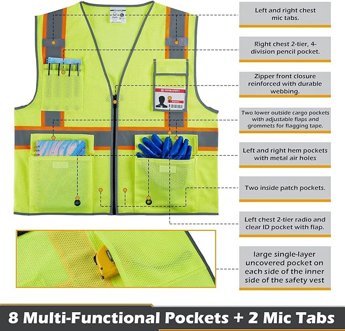 High Visibility Mesh Safety Vest with Dual Tone Reflective Strips, 8 Pocket and Zipper ANSI/ISEA Standards, Safety Vest For Men & Women (Yellow, L)