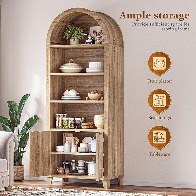 79.9" Tall Arched Pantry Cabinet, 6-Tier Arched Cabinet with Fluted Doors, Kitchen Pantry with Open & Adjustable Shelves, Versatile Cupboard for Dining Room, Living Room, Light Oak