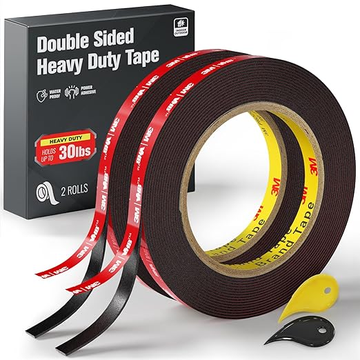 2 Pack Double Sided Heavy Duty Tape, Made of 3M VHB Tape, 16.5 FT × 0.39 IN Mounting Adhesive Foam Tape Waterproof High Temperature Resistant for Automotive LED Strips Home Office Decor Indoor Outdoor