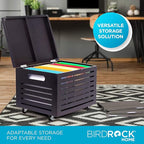 BIRDROCK HOME Bamboo Rolling File Storage Organizer Box with Lid - Decorative File Cabinet on Wheels, Portable File Box on Wheels, Mobile Filing Solution - Café Noir