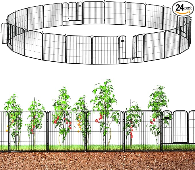 ZXMOTO Outdoor Garden Fence with Gate 24 Pack 32in (H) x 55ft (L), Heavy Duty Metal, Decorative Outdoor Yard Fencing for Dogs, Temporary Dog Fence for Backyard, Patio, Garden (Easy Setup)