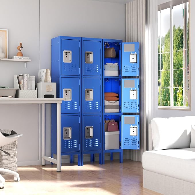 3 Tier Metal Lockers for Employees 66" Blue Storage Locker with Doors and Shelves,Steel Lockable Cabinet with Hooks Gray Tall Locker for School Office Gym Home Garage