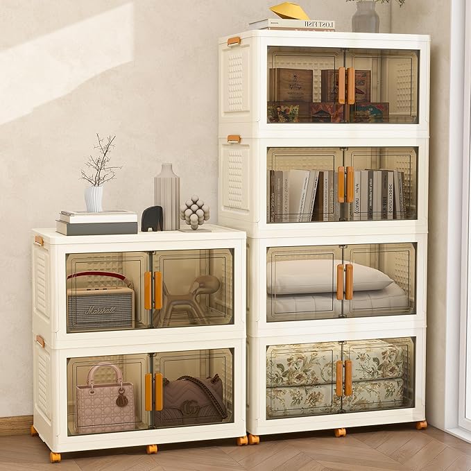 Plastic Stackable Storage Bins with Lids and Wheels, 3040QT-152QT*2Tier Foldable Closet Organizers and Containers, Collapsible Clear Drawer Storage Cabinet with Doors Ivory White