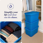 HOMZ 8-Pack Durable Molded Bin, Plastic Storage Containers with Lids, 18 Gallon, Blue - Stackable Organizer Totes and Boxes for Bedroom, Kitchen, and Garage Organization