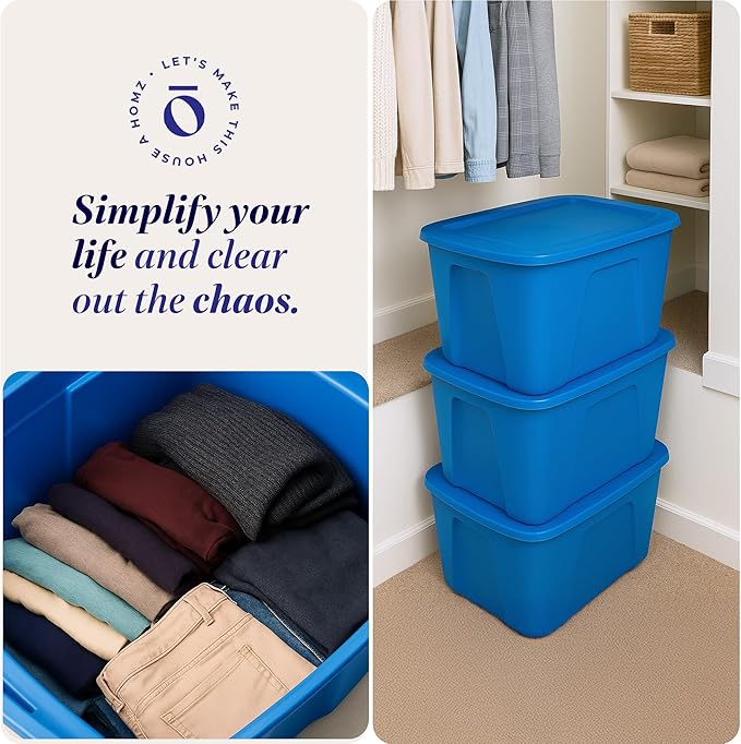 HOMZ 8-Pack Durable Molded Bin, Plastic Storage Containers with Lids, 18 Gallon, Blue - Stackable Organizer Totes and Boxes for Bedroom, Kitchen, and Garage Organization