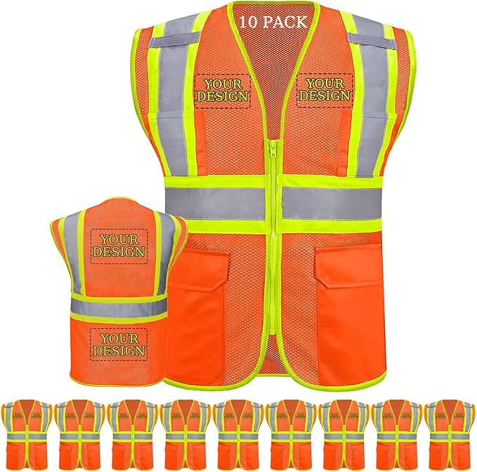Custom Safety Vest with Logo Pockets High Visibility Reflective Vests Construction Security Workwear