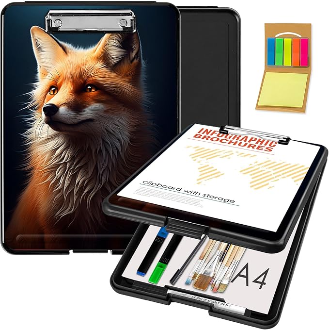 Clipboard with Storage,Office Supplies Nursing Clipboards Folder with Pen Holder Plastic Foldable Clip Board with Storage for Nurse Teacher,Cute Fox