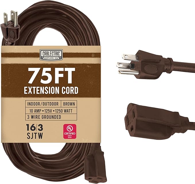 Brown Outdoor Extension Cord 75 ft, 16/3 Heavy Duty Cable with 3 Prong Grounded Plug, 13 AMP for Garden, Lawn, Landscaping, Tools & Appliances, 75 ft Extension Cord 3 Prong