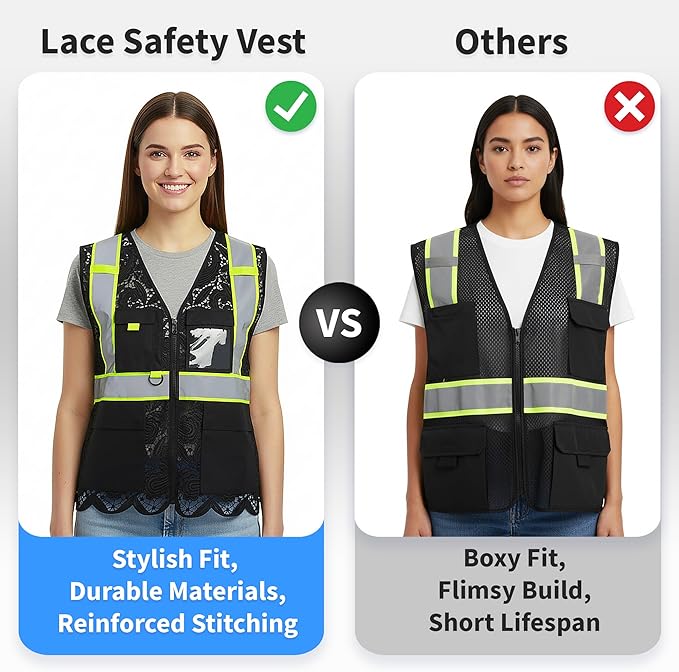 Lace-Mesh Safety Vest for Women & Men - Breathable, High Visibility Vest with Zipper & ANSI Class 2 Reflective Strips
