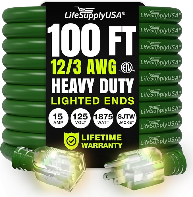 100ft Outdoor/Indoor Extension Cord 12/3 Gauge Extra Heavy Duty 3 Prong SJTW, Waterproof, ETL Listed, Flexible Cold-Resistant Long Power Cord,15A 125V 1875W, Green by LifeSupplyUSA