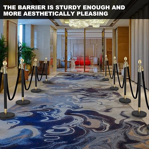 Crowd Control Barriers Black Gold Stanchions Posts, 8pcs Poles and Black Velvet Ropes 6pcs, Queue Barrier Line Divider with Fillable Plastic Base for Airport,Parties,Grand Opening