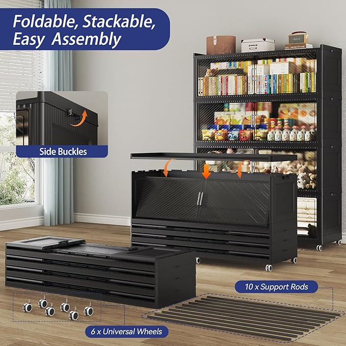 320 Gallon Extra Large Collapsible Storage Bin with Lid, 960QT Stackable Plastic Organizer with 6X Wheels, Foldable Drawer Cabinet for Closet, Living Room Office, Kitchen 4Pack, Black