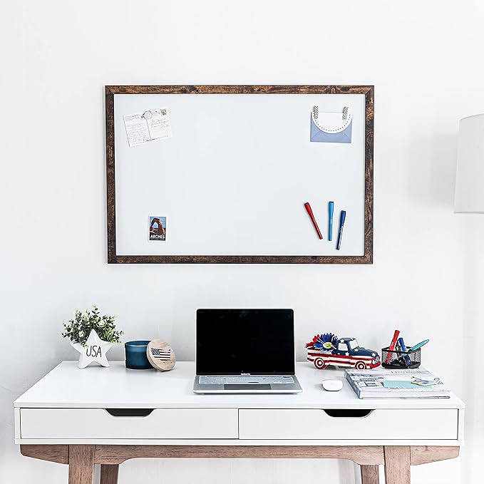 Loddie Doddie Magnetic White Board 24" x 36" - Magnetic Dry Erase Board with Built-in Marker Tray - Rustic Wooden Frame - Whiteboard Wood Frame