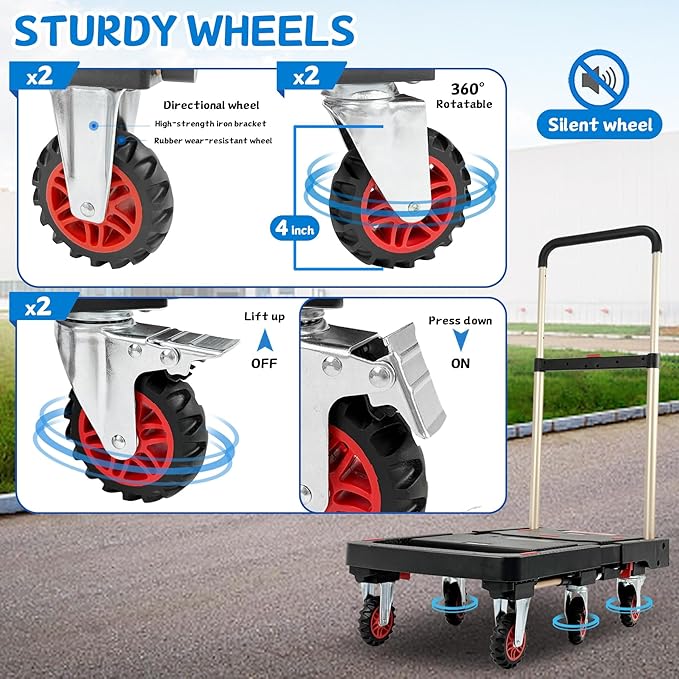 Heavy Duty 500lbs Capacity Hand Truck Collapsible Cart w/Brake Wheel, Retractable Platform & Handle,Sponge Grip,Portable Dolly Cart for Luggage,Camping,Delivery & Storage