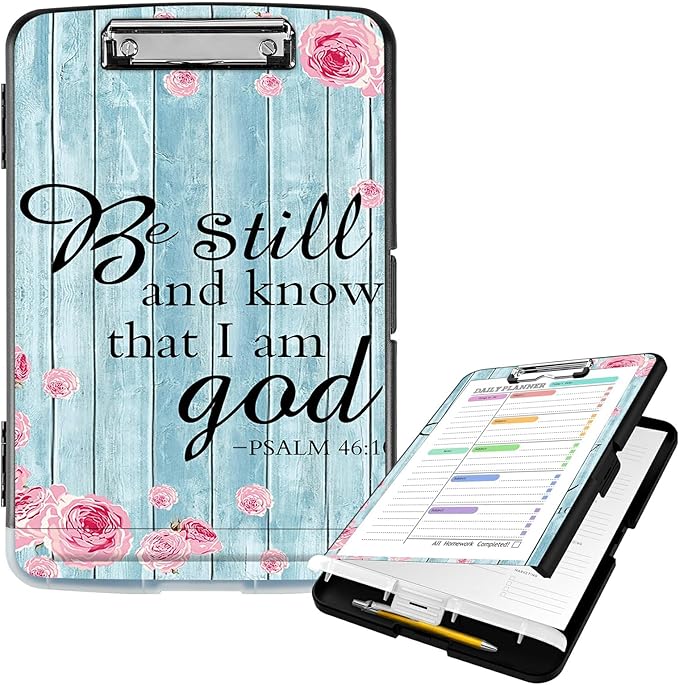 Clipboard with Storage High Capacity Plastic Nursing Clipboards with Pen Holder File Folder Storage Box Clipboard with Heavy Duty Clips for Teacher,Doctor,Offices-Psalm 46-10 Be Still
