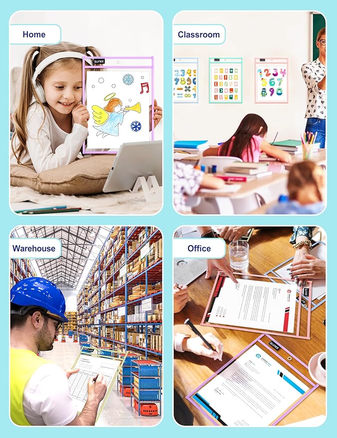 SUNEE 6 Packs Oversized Reusable Dry Erase Pocket Sleeves with Binder Ring, 6 Morandi Colors 10x14 Ticket Holders, Clear Plastic Sheet Protectors, Teacher School Classroom Supplies